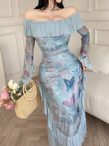 Modelyn Butterfly Print Off Shoulder Ruffle Hem Long Sleeve Dress - Multicolor - View 5