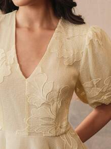 Anewsta Elegant Heavy Lace Floral Peplum Waist Short Dress, Boho Style, Spring/Summer - Apricot - View 7
