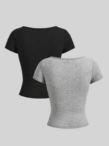 2pcs Women Simple Solid Color Square Neck Short Sleeve T-Shirts - Multicolor - View 2
