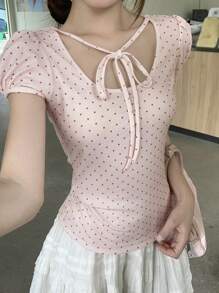 DAZY 女士休闲圆领波尔卡圆点前系带短袖 T 恤，夏季可爱上衣 - 紅白色 - 查看 4