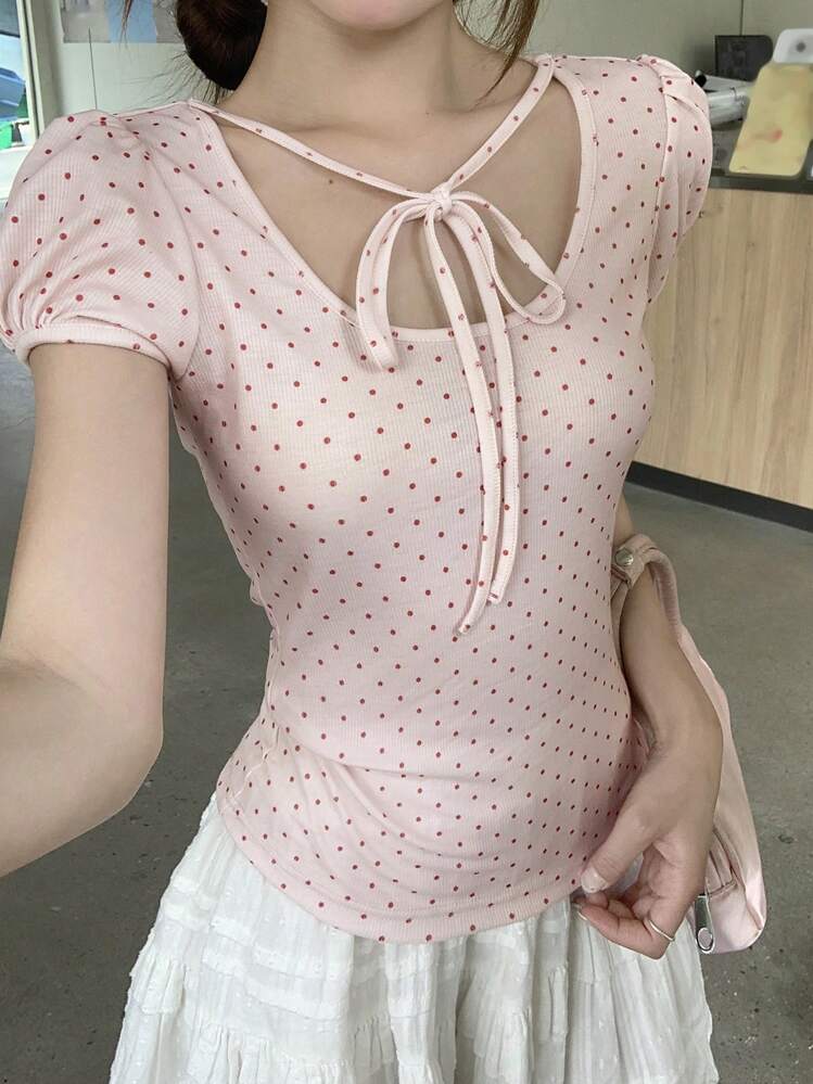 DAZY Women's Casual Round Neck Polka Dot Tie Front Short Sleeve T-Shirt, Summer Cute Tops - Red and White - View 4