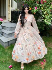 DAZY Vestido de manga farol con cuello en V y estampado floral diminuto, estilo resort, vestido de manga larga para otoño