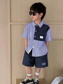 2pcs/Set Young Boys Comfortable Casual Loose Fit Korean Fashion Stylish Striped Shirt And Contrast Color Shorts Set, Suitable For Daily Wear, Sports, Outing, School, Parties, Festivals, Photoshoot, Back To School Season, Spring/Summer