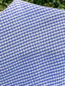 SHEIN 孕妇格子露肩泡泡袖休闲连体衣 - 藍色 - 查看 5