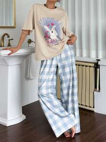 DAZY 2pcs Rabbit Print Plaid Loose Shorts Sleeves Top And Long Pants Pajama Set For Women, Summer - Apricot - View 4