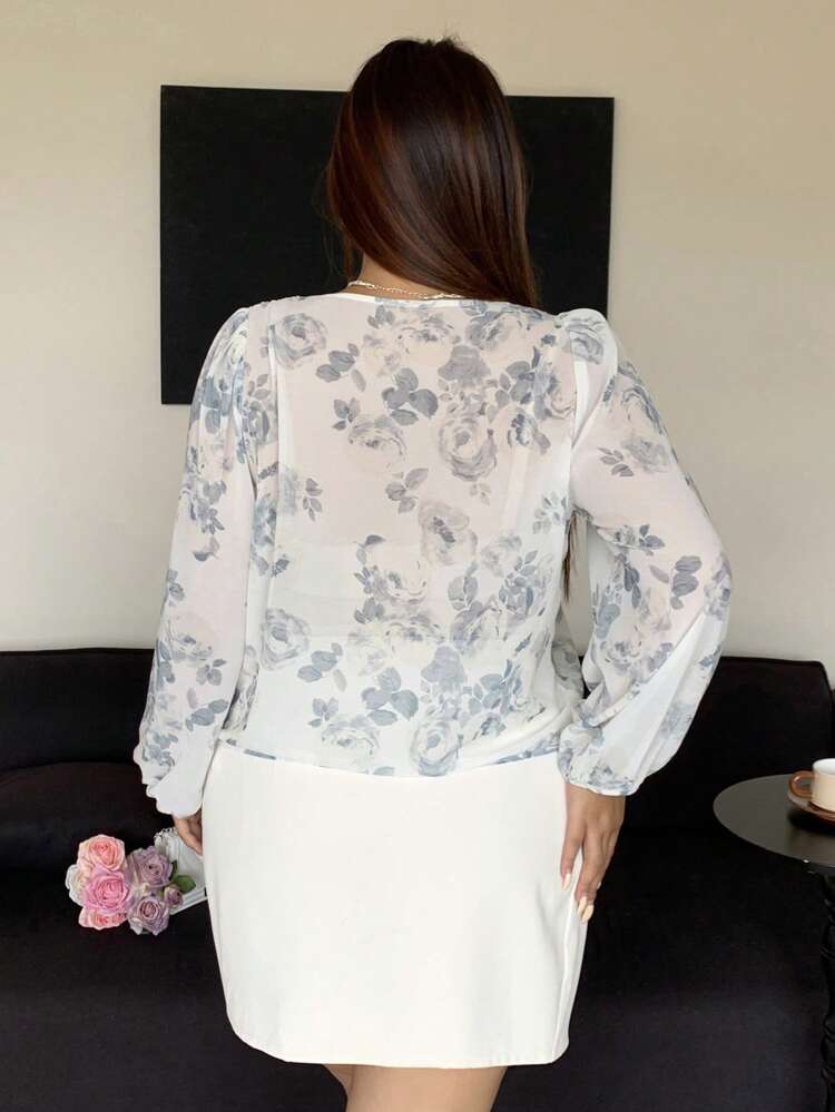 Dazy Plus 2-Piece Set Floral Print Deep V-Neck Bishop Sleeve Crop Top And Solid Color Mini Skirt Lounge Sets For Women