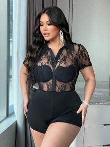 Flirla Plus Size Sexy Lace Patchwork Romper Shorts, Summer - Black - View 6