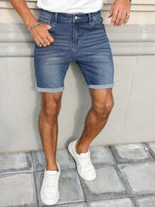 Manfinity Homme Shorts en jean casual à poches et revers pour hommes, polyvalent
