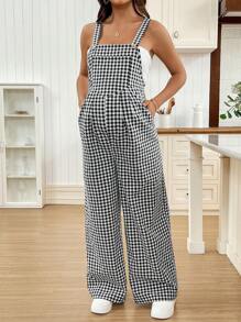 SHEIN Gasaul Vacation Plaid Wide Leg Maternity Bib Jumpsuit