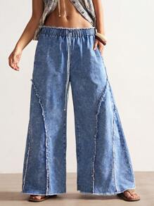 Bohemela Pantalones vaqueros anchos de mujer en unicolor vintage trenzados y sueltos con abertura lateral estilo bohemio