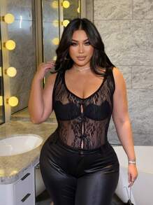 Flirla Plus Size Women Sexy Sleeveless Bow Decor Bodysuit - Black - View 5