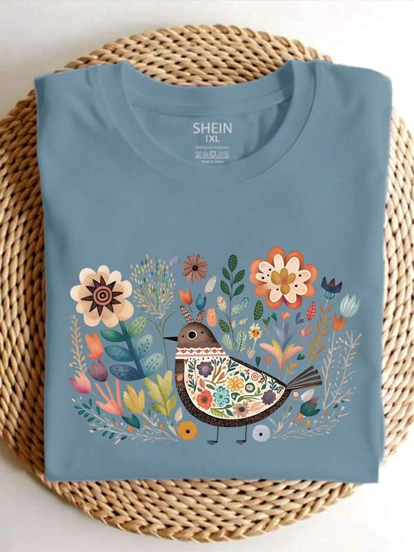 SHEIN LUNE Plus Size Women's Summer Tops Boho Folk Art Bird Flower And Flowers Printed Graphic Short Sleeve Casual Crew Neck T-Shirt