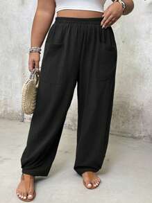 SHEIN CURVE+ Pantaloni casual alla caviglia con tasche, taglie forti, abiti estivi per vacanze al mare/città/campagna, abbigliamento da spiaggia - nero - Visualizzare 6