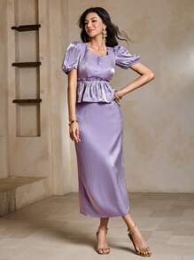 DAZY 2pcs/Set Women's Vacation Outfit With Ruffle Hem Short Puff Sleeve Top And Skirt, Wedding Guest - Purple - View 4