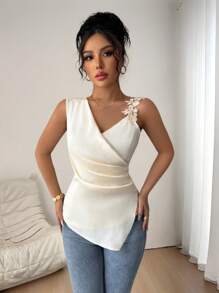 SHEIN PETITE Women Satin Sleeveless Asymmetric Lace Trim Camisole Top - Apricot - View 5