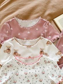 SHEIN LMoss Kids 6pcs/Set Baby Girl Cute Cartoon Bear & Floral Print Ruffle Trim Round Neck Short Sleeve Pants Casual Comfy Knitted Pajamas Set