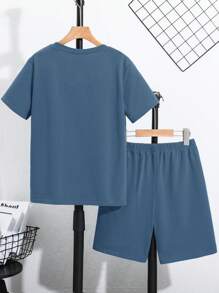 SHEIN 2pcs Tween Boys Neutral-Design Letter Embossed Pattern Round Neck Short Sleeve T-Shirt And Decorated Shorts Set, Casual For School, Travel, Sports, Gatherings, Spring/Summer