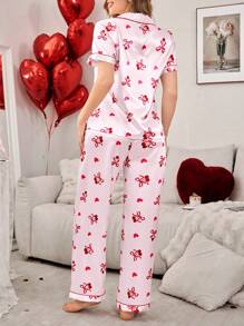 蝴蝶结和樱桃印花翻领开衫女士睡衣套装，女士睡衣 - 淺粉色 - 查看 2