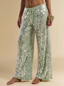 SHEIN BAE Women's Low Waist Sequin Palazzo Pants For Beach Vacation, Summer Sage Green Dress - Green - View 5