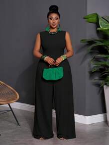 Slaydiva 早春大码女式纯色无袖连体裤 - 黑色 - 查看 7