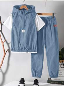 Compra 2 y llévate 1 gratis, Set de 3 piezas para niños preadolescentes con sudadera con capucha y cremallera, chaleco y pantalones de cintura elástica de estilo escolar casual, cómodo, de moda simple y práctico, con camiseta básica gratis, adecuado para otoño, primavera, verano, uso diario, al aire libre, escuela, calle, fiesta, hogar