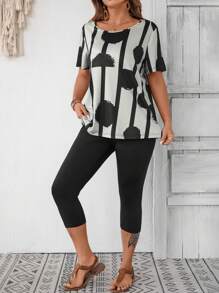 EMERY ROSE Plus Size 2pcs/Set Women Polka Dot Short Sleeve T-Shirt And Elastic 3/4 Length Leggings