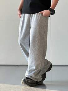 SHEIN 1 Piece Tween Boy Casual Sports College Straight Loose Gray Trousers Suitable For Back To School Suitable For Birthday Parties, Evening Parties, Performances, Weddings, Baptisms, Opening Ceremonies Daily Suitable For Daily Use Suitable For School Suitable For Travel Suitable For Sports Suitable For Spring And Summer Seasons - Grey - View 3