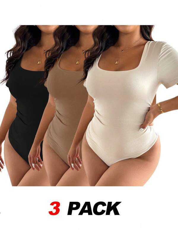 SHEIN Frenchy 3pcs/Set Plus Size Women All-Match Style Bodysuit, Black/Apricot/Coffee Color, Stylish & Versatile Casual Bodysuit