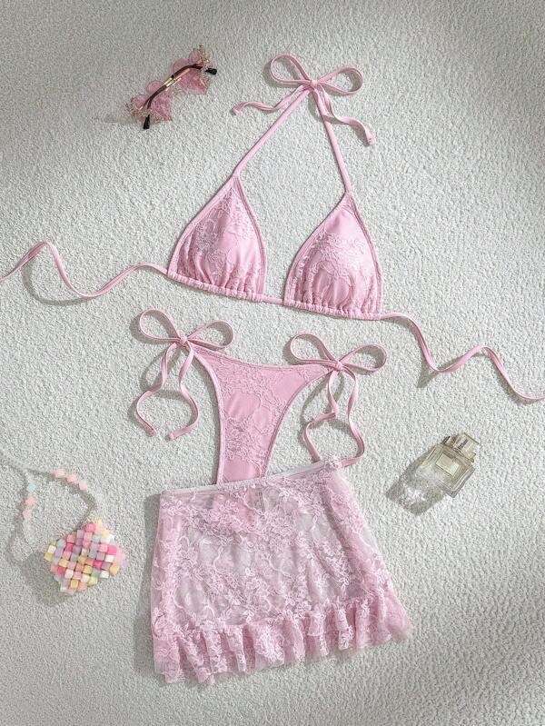 Swim Mod Set 3 bucăți pentru femei, fustă mini sexy cu tiv din dantelă, culoare solidă, cu volane, set de costume de baie bikini cu triunghi din dantelă