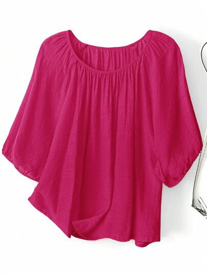 EMERY ROSE Plus Size Women Solid Color Short Sleeve Round Neck Shirt Top, Fashionable For Summer