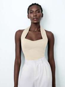 Lumivelle Women Solid Color Elastic Halter Backless Slim Bodysuits - Apricot - View 5