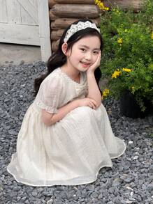 SHEIN Little Byeori 女童可爱蝴蝶结泡泡袖连衣裙 - 卡其色 - 查看 7