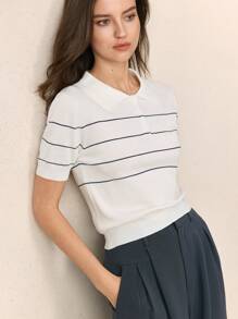 BizChic Women's White Polo Collar Knit Sweater, Urban Commute Business Casual Basic Top, Elegant Outerwear - White - View 1