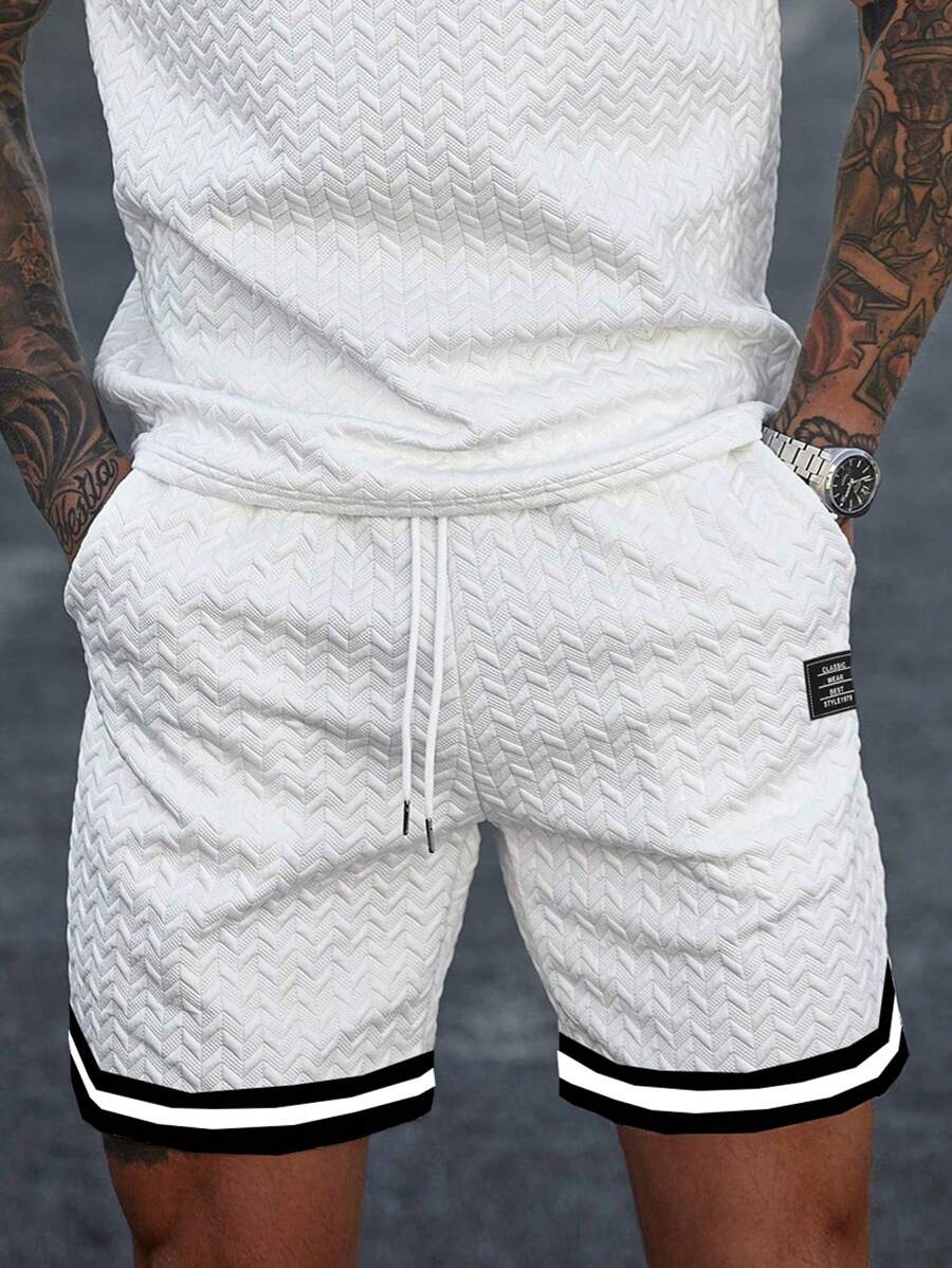 Manfinity Homme Men's Drawstring Waist Patched Striped Print Pockets Shorts - White - View 1