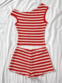 SHEIN Set de 2 piezas con blusa corta asimétrica de rayas texturizadas y shorts casuales para niñas preadolescentes