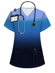 PopScrub Conjunto de uniformes de enfermera con escote en V y manga corta degradado, para verano - Azul - Ver 11