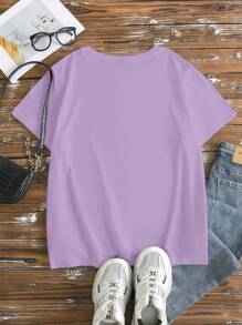 EMERY ROSE 大码女式花卉印花短袖休闲 T 恤，女式圆领花卉图案上衣，女式上衣 - 紫色 - 查看 2