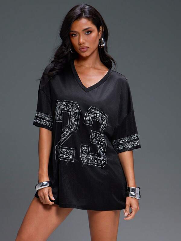 Denimoi Rhinestone Athletic Oversized Mesh Jersey Tee Sporty Athletic Wear Game Day Outfits For Women Rhinestone Detail Oversized Tee Oversized Jersey Fashionable Football Jersey