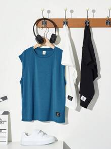 SHEIN 3pcs/Set Tween Boy Casual Streetwear Solid Color Graphic Letter Knit Crew Neck Loose Fit Sleeveless Top, 1pc Each Of 3 Colors, School, Campus, College