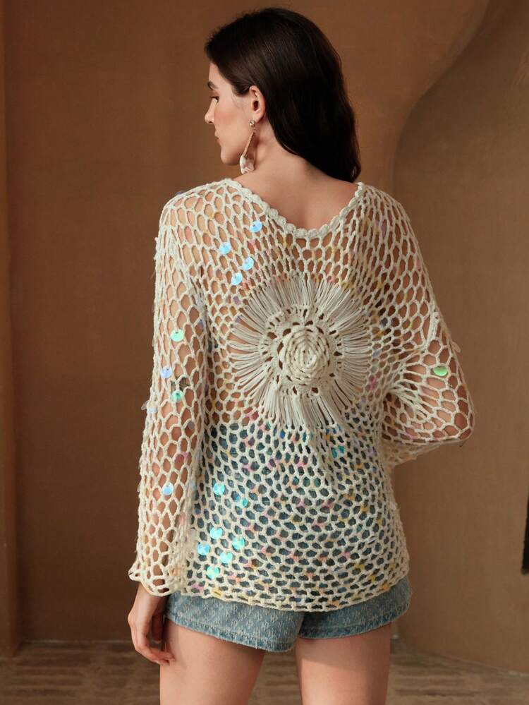 Cache-maillot en crochet fait main avec sequins, idéal pour l'été, les festivals, les vacances, élégant et décontracté, tenue de plage