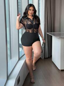 Flirla Plus Size Sexy Lace Patchwork Romper Shorts, Summer - Black - View 3