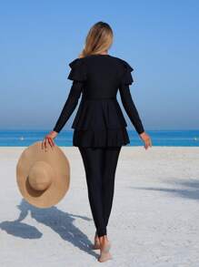 Swim Mulvari 2 Pc Set Solid High Neck Long Sleeve Long Pants Ruffled Design Full Coverage Wireless Casual Conservative Swimsuit Bikini - Black - View 2
