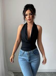 Selianne Camiseta de cuello de cowl de punto reversible con elástico - Negro - Ver 4