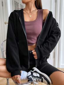 SHEIN EZwear Chaqueta con capucha con cordón y cremallera en color negro para otoño/invierno - Negro - Ver 6