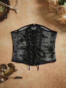 PinupGlam Cinturón de corsé de satén con cordón, encaje transparente y floral en estilo retro palaciego, color negro, para mujer