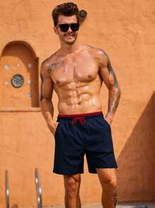 Manfinity KASUA Men's Contrast Color Drawstring Waist Double Layer Casual Beach Shorts, Holiday - Navy Blue - View 5