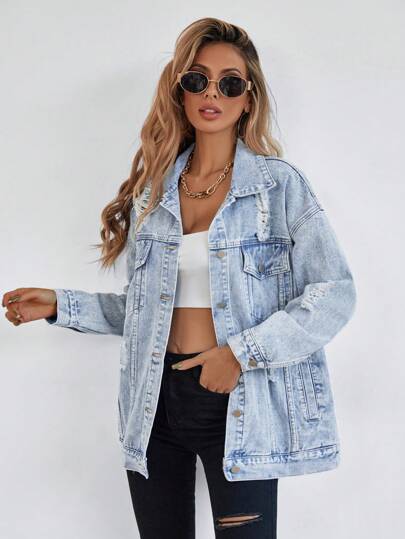 Selenza Button Blue Front Flap Pocket Drop Shoulder Denim Jacket