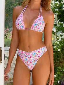 Swim Mod Women's Summer Beach New Random Print Tankini 2 Pieces Swimwear Bikini With Floral Print Trim