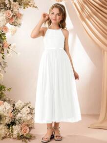 Elegant Minimalist Young Ladies' Round Neck Sleeveless Waisted Long Lace Splice Multi-Layer Mesh Solid Green Dress, Suitable For Flower Girl Wedding Party Summer - White - View 6