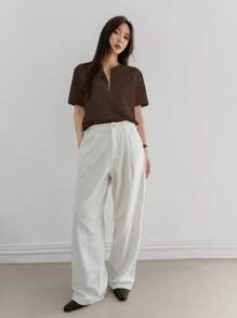 Dazy-Less Casual Solid Color Simple Half Open Front Short Sleeve Women T-Shirt Business Casual Women,Teacher - Brown - View 2